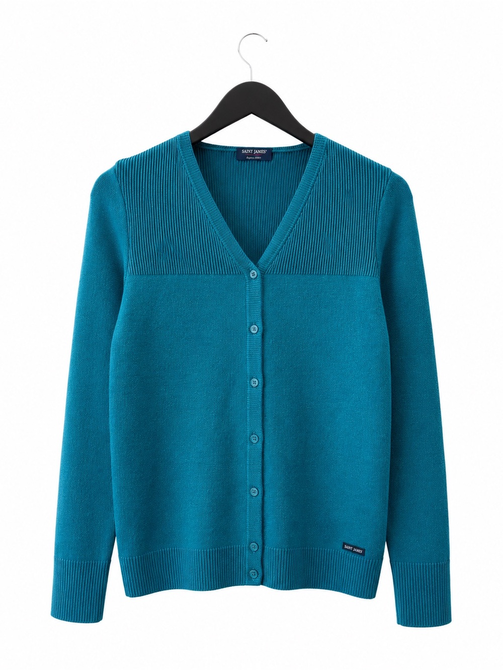Saint James 100% Wool Long Sleeve Ribbed V-Neck Cardigan US 4 Teal Blue